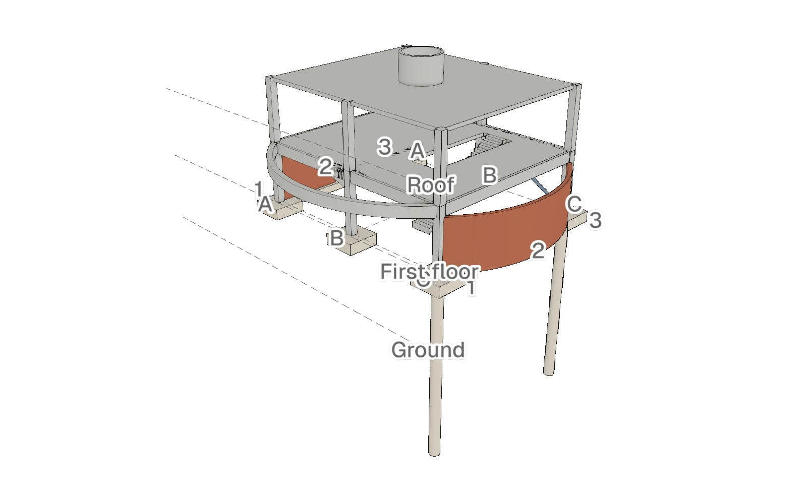 A 3D model of a small building on three levels: columns, beams, a curved balcony beam, two floors with a stair hole, masonry walls, pad footings, piles and a round water tank on the roof, with its grids and levels named.