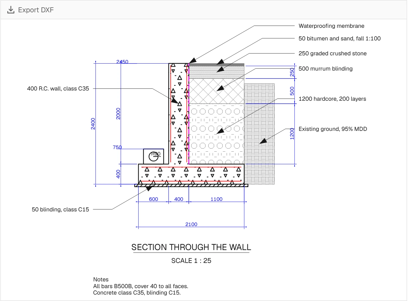 A section through the retaining wall and its footing: hatched concrete with its bars, the fill in layers behind it, dimensions in millimetres, notes with leaders, and the button Export DXF above it.