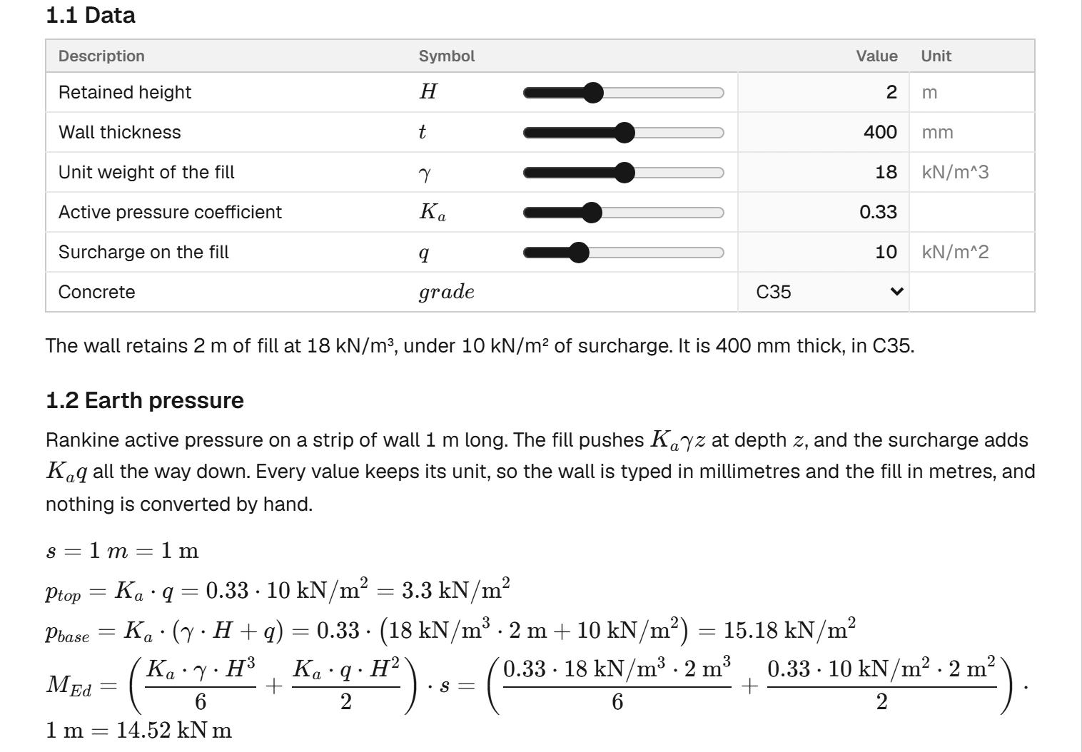 A sheet: a table of six inputs with sliders, a sentence that reads their values, and the earth pressure on a retaining wall written out with its numbers and units.