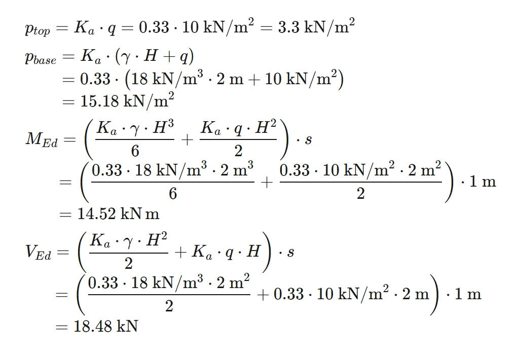 A piece of a calculation sheet: the earth pressure at the top and the foot of a retaining wall, then the moment and the shear at its base, each written out with the numbers and units put in, and its result under it.
