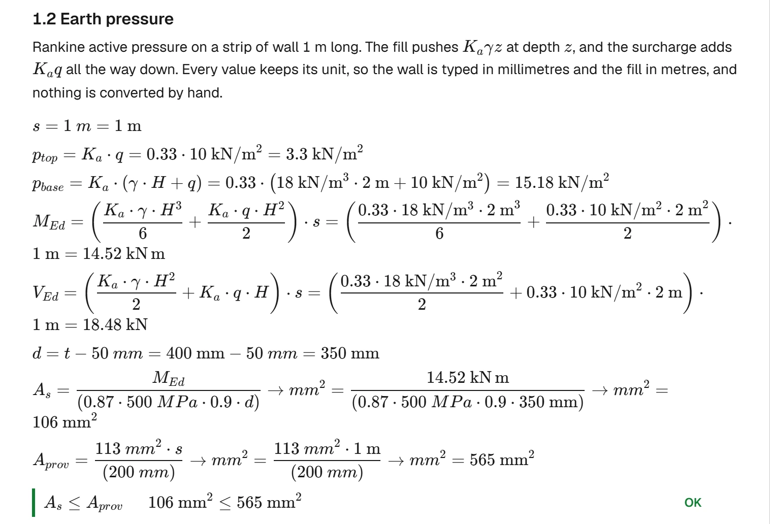 A piece of a calculation sheet: the earth pressure on a retaining wall written out formula by formula, with the numbers and units put in, and the check of its reinforcement marked OK.
