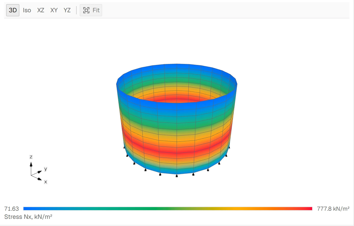 A round tank wall as a mesh in 3D, coloured by its ring stress from blue at the top and the foot to red just above the foot, over a scale from 71.63 to 777.8 kN/m².
