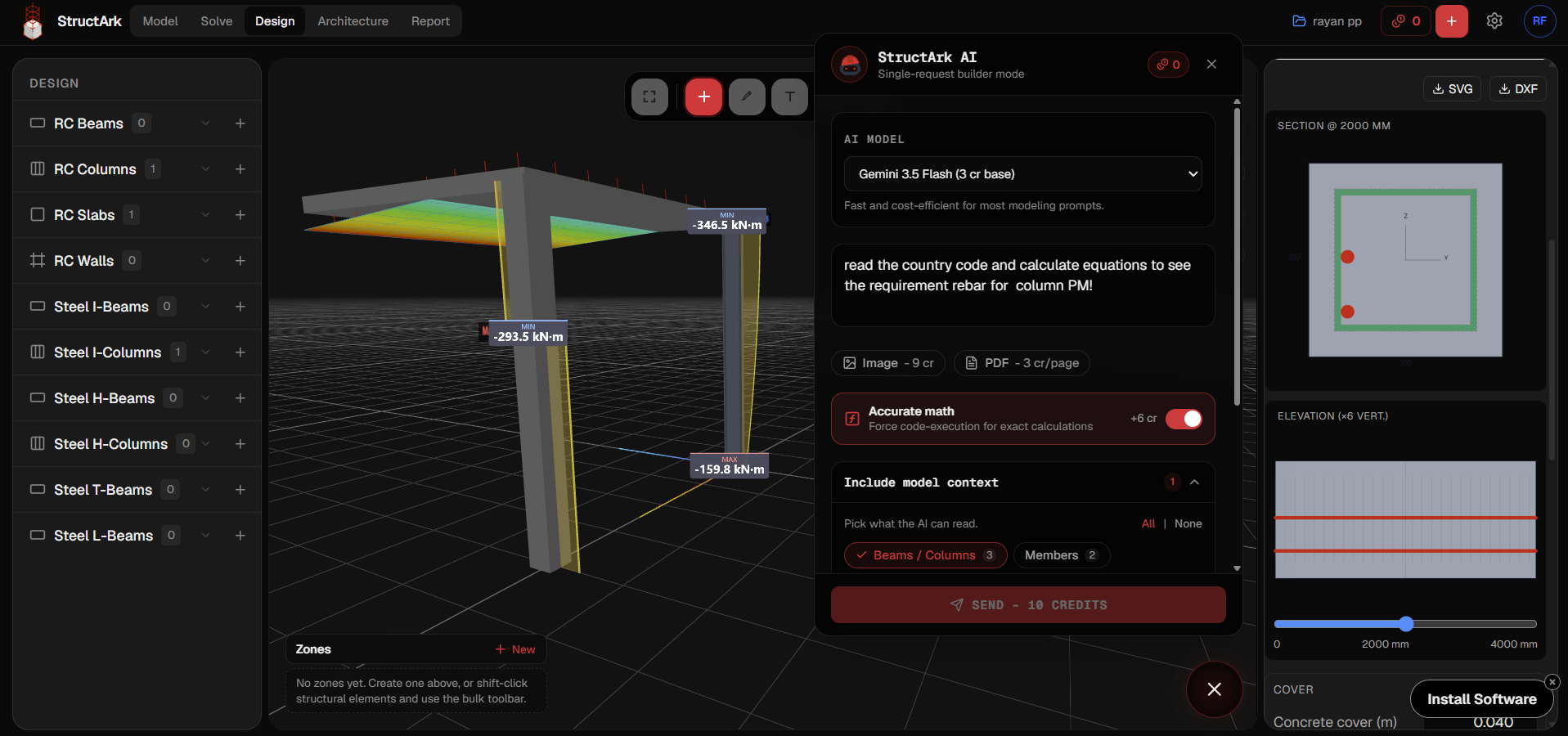 StructArk: linked BIM and analytical model with the
engineering assistant open in the browser