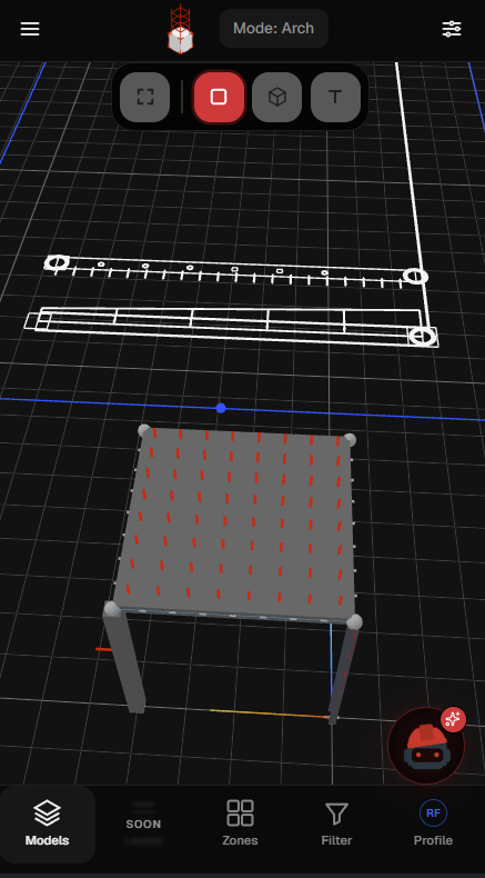 StructArk running in a mobile browser, showing a structural
model in Arch mode