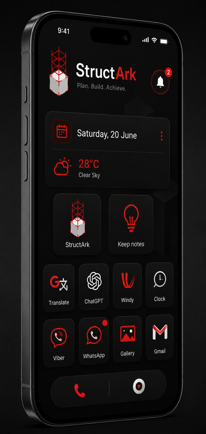 A phone home screen showing the installed StructArk app icon
and widget alongside other apps